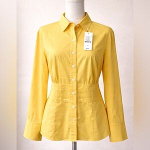 Talbots Yellow Button Front Blouse NWT Size 14 Cotton Stretch Tailored Shirt